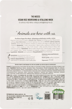 Tylna strona białego opakowania maski ryżowej The Nicess Vegan Rice Nourishing & Vitalizing z zielonym logo VEGAN.