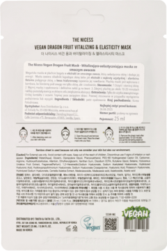 Biała saszetka maski The Nicess Vegan Dragon Fruit, widok z tyłu z instrukcją i składnikami.