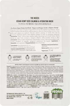 Tył opakowania maski The Nicess Vegan Hemp Seed Mask kojąco-nawilżającej, z tekstem, składem i logo Vegan.