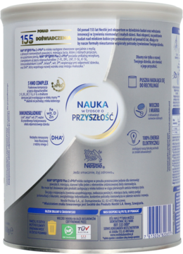 Srebrny tył puszki NAN OPTIPRO Plus 2 HMO z tekstem o oligosacharydach i logo "Nauka w przyszłość".