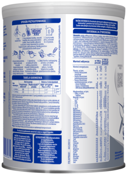 NAN OPTIPRO Plus 2 HMO mleko następne, tył opakowania z tabelami żywienia i szczegółowym składem dla niemowląt 6m+.