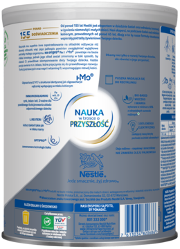 Tył puszki NAN OPTIPRO Plus 3 HMO mleka modyfikowanego. Białe opakowanie z niebieskimi napisami i logo Nestlé.