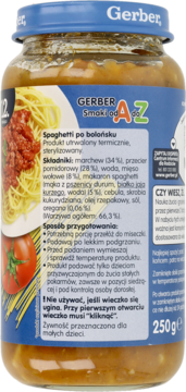 Tył szklanego słoiczka Gerber Smaki od A do Z Spaghetti po bolońsku, z listą składników i instrukcją.