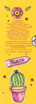 Tył opakowania wody toaletowej Escada Flor Del Sol. Żółte tło z rysunkami kaktusa, kwiatu i napisem Mexico.