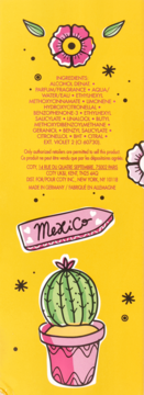 Tył Escada Flor Del Sol, woda toaletowa: składniki, producent, napis 'Mexico', kaktus i kwiat na żółtym tle.