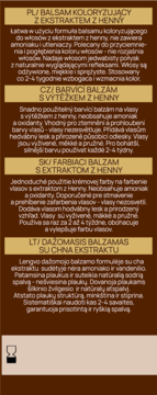Etykieta balsamu koloryzującego Henna Color z ekstraktem, brązowo-złota, z opisem produktu w wielu językach.