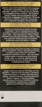 Tył czarno-złotego opakowania Balsamu Koloryzującego Henna Color z tekstami w kilku językach.