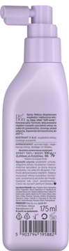 Tył fioletowej butelki z pompką sprayu wygładzającego Neboa Glossy Hair 175ml, widok etykiety.