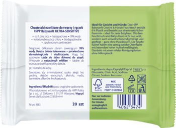 Tył biało-zielonego opakowania chusteczek HiPP Babysanft Ultra Sensitive 99% wody, widoczne opisy i symbole.