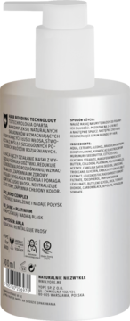 Tył srebrnej butelki odżywki-maski Blonde My Hair z pompką, widoczne Hair Bonding Technology i skład.