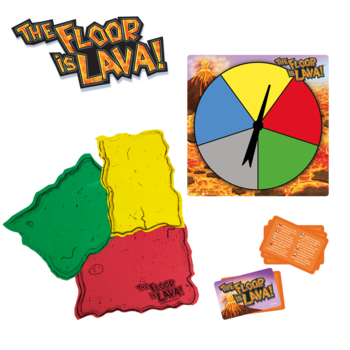Gra The Floor is Lava! z czerwono-żółto-zielonymi matami, planszą spinnera i kartami, widok zestawu.
