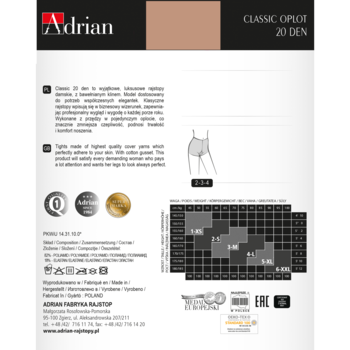 Białe opakowanie Adrian Classic 20 DEN rajstop z beżowym nagłówkiem, diagramem rozmiarów i opisami cech.