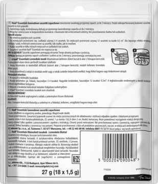 Tył biało-srebrnego opakowania Raid lawendowe saszetki zapachowe z polskim opisem, diagramami i kodem.