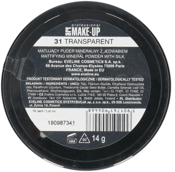 EVELINE COSMETICS Art Professional Make-Up ,puder do twarzy, mineralny, matujący, z jedwabiem, nr 31 Transparent,tył