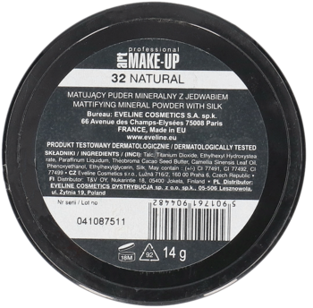 Tył czarnego, okrągłego opakowania matującego pudru mineralnego Art. Make-Up 32 Natural, widoczna waga 14g.