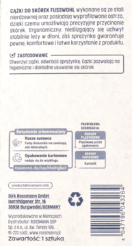 Białe opakowanie cążek do skórek Fusswohl, tył, widoczny opis: stal nierdzewna, ergonomia, precyzja. Z kodem kreskowym.