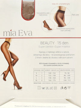 Mia Eva Beauty 15 den: opakowanie super cienkich, miękkich rajstop z transparentnym wzmocnieniem palców.