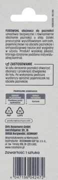 Tył szarego opakowania obcinacza Fusswohl. Widoczne informacje o produkcie, instrukcja i symbole recyklingu.