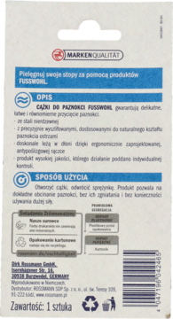 Tył opakowania cążek do paznokci Fusswohl, z niebieskim panelem tekstowym, logo MARKEN QUALITÄT i kodem kreskowym.