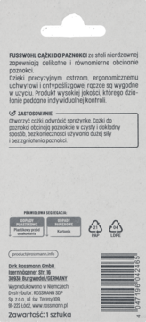 Tył opakowania cążek do paznokci Fusswohl ze stali nierdzewnej, z opisem precyzyjnych ostrzy i antypoślizgowej rączki, oraz kodem kreskowym.