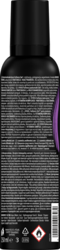 Tył czarnej butelki pianki SYOSS Full Hair 5. Etykieta z opisem, składem, symbolami ostrzegawczymi.