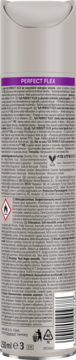 Tył lakieru Schwarzkopf Taft Perfect Flex 250ml, szara butelka z opisem, poziom utrwalenia 4, symbolami PETA.