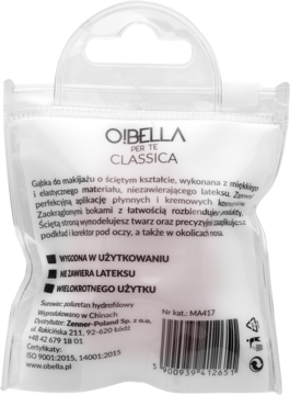 Tył opakowania gąbki do makijażu O!BELLA CLASSICA, białej, ściętej, w przezroczystej folii detalicznej.