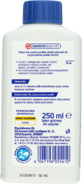 Tył białej butelki płynu Domol do czyszczenia pralki, 250ml, z niebieską nakrętką i polskim opisem.