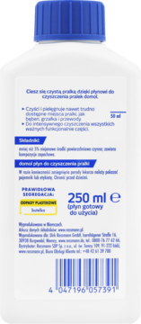 Tył białej butelki płynu do czyszczenia pralki Domol z niebieską nakrętką, widoczne polskie napisy i kod kreskowy.