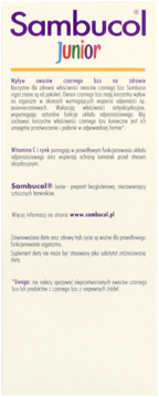 Etykieta Sambucol Junior: fioletowe logo, opis działania czarnego bzu, witaminy C i cynku na jasnym tle.