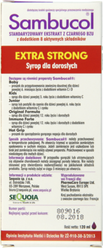 Białe opakowanie Sambucol Extra Strong syrop dla dorosłych, z czarnego bzu i 8 składników, widok z przodu.