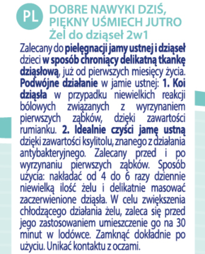 Fragment ulotki żelu Chicco na ząbkowanie 2w1. Opis działania: koi dziąsła rumiankiem, czyści ksylitolem.