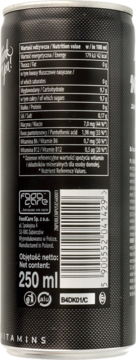 Tył czarnej puszki napoju energetyzującego Black Sex Energy 250 ml z tabelą wartości odżywczych i kodem kreskowym.