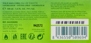 Tył zielonego opakowania Tous Man Chill Eau de Toilette, widoczne dane producenta, składniki i kody kreskowe.