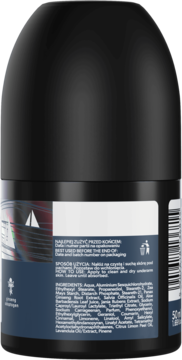Tył antyperspirantu so!flow 50ml, czarna butelka roll-on z etykietą składników i instrukcją użycia.