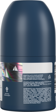 Tył męskiego antyperspirantu so!flow, granatowa kulka, etykieta ze składnikami i hologramem.