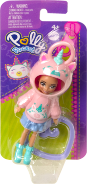 Polly Pocket lalka jednorożec w różowej bluzie, z klipsem sercem, na fioletowo-zielonym blistrze, widok z przodu.