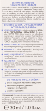 Białe opakowanie serum barierowego nawilżająco-kojącego, z ciemnoniebieskim tekstem o składzie i działaniu.