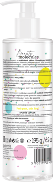 Tył przezroczystej butelki żelu do mycia twarzy Bielenda Beauty Molecules z niacynamidem i pompką.