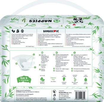 Tył opakowania pieluszek Bamboolove rozm. S (3-8 kg) z liśćmi bambusa, info o składzie i certyfikatach.