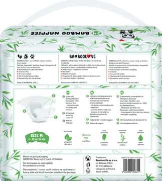 Tył opakowania pieluszek Bamboolove M (6-11 kg), białe z zielonym wzorem bambusa i opisem cech produktu.