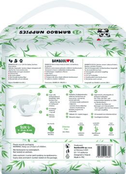 Tył zielonego opakowania pieluszek Bamboolove L (9-14 kg) z bambusowym wzorem i opisem cech.