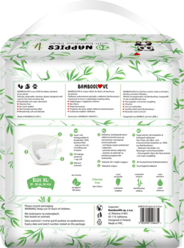 Tył zielono-białego opakowania pieluch BAMBOOLOVE Nappies XL z listkami bambusa i widocznymi cechami produktu.