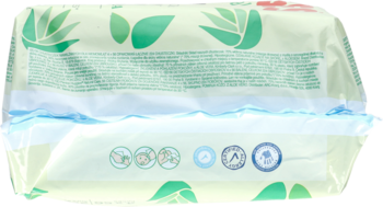 Tył opakowania chusteczek Huggies Natural Care z aloesem, zielono-białe, z widocznym tekstem i symbolami.