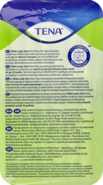 Tył opakowania TENA Lady Slim Mini Plus, jasne tło z tekstem w wielu językach, logo microPROTEX.