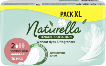 Opakowanie podpasek Naturella Tender Protection normal plus, 16 sztuk, jasnozielone z żółtym, widok z przodu.