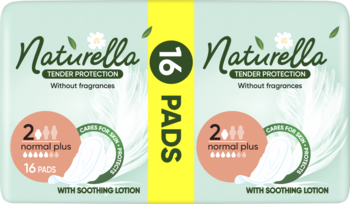 Dwa opakowania podpasek Naturella Tender Protection normal plus, 16 sztuk, bez zapachu, zielono-żółte.