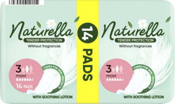 Dwa opakowania podpasek Naturella Tender Protection Maxi, 14 sztuk, bez zapachu, z kojącym balsamem.