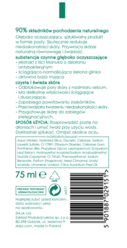 Tył białej tubki Ziaja, pasta głęboko oczyszczająca Manuka 75ml. Widoczny skład, opis i kod EAN.