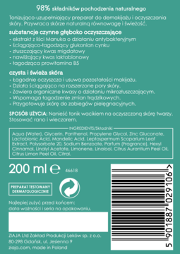 Tył butelki oczyszczającego toniku Ziaja Manuka 200ml, zielono-białe opakowanie, skład i kod kreskowy.
